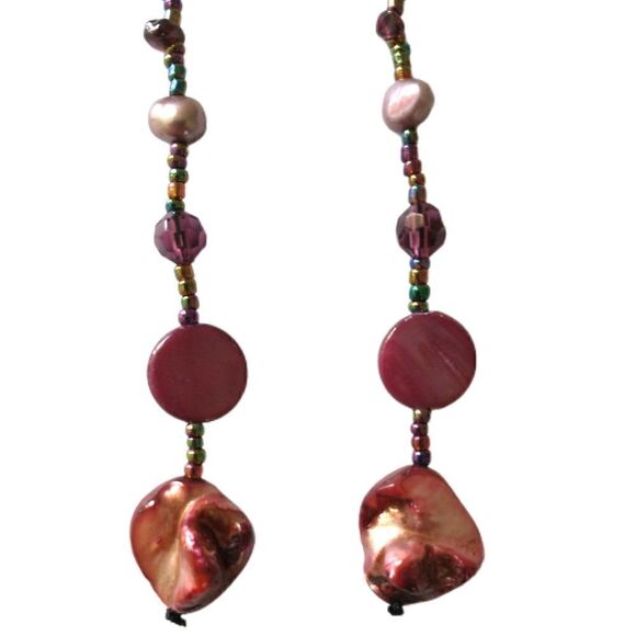 Metallic Shell Graduated Dangle Earrings‎ Glass Beads Handmade Coastal Beach 90s - Picture 3 of 16